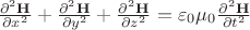 $ \frac{\partial^2 \mathbf{H}}{\partial x^2} + \frac{\partial^2 \mathbf{H}}{\partial y^2}+ \frac{\partial^2 \mathbf{H}}{\partial z^2}= \varepsilon_0 \mu_0 \frac{\partial^2 \mathbf{H}}{\partial t^2}$