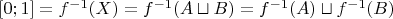 $[0;1] = f^{-1}(X) =  f^{-1}(A \sqcup B) = f^{-1}(A) \sqcup  f^{-1}(B)$