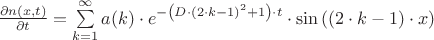 $\[
\frac{{\partial n(x,t)}}{{\partial t}} = \sum\limits_{k = 1}^\infty  {a(k)}  \cdot e^{ - \left( {D \cdot \left( {2 \cdot k - 1} \right)^2  + 1} \right) \cdot t}  \cdot \sin \left( {\left( {2 \cdot k - 1} \right) \cdot x} \right)
\]
$