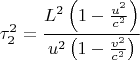 $$\tau_2^2=\frac{L^2\left(1-\frac{u^2}{c^2}\right)}{u^2\left(1-\frac{v^2}{c^2}\right)}$$
