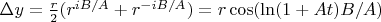 $\Delta y=\frac{r}{2}(r^{iB/A}+r^{-iB/A})=r\cos(\ln(1+At)B/A)$