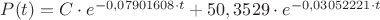 $P(t) = C \cdot e ^ {-0,07901608 \cdot t} + 50,3529 \cdot e ^ {-0,03052221 \cdot t}$