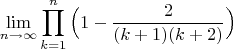 $$\lim\limits_{n \to \infty}{\prod\limits_{k=1}^{n}{\Bigr(1-\frac{2}{(k+1)(k+2)}\Bigr)}}$$