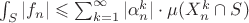 $\int_S |f_n| \leqslant \sum_{k=1}^\infty |\alpha_n^k| \cdot \mu(X_n^k \cap S)$