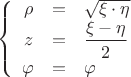 $$\left\{
\begin{array}{rcl}
\rho &=& \sqrt{\xi \cdot \eta}\\
z &=& \dfrac{\xi - \eta}{2}\\
\varphi &=& \varphi
\end{array}
\right.$$