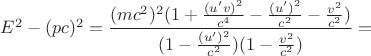 $E^2-(pc)^2 = \dfrac{(mc^2)^2 ( 1 + \frac{(u' v)^2}{c^4} - \frac{(u')^2}{c^2} - \frac{v^2}{c^2} )}{(1 - \frac{(u')^2}{c^2})(1 - \frac{v^2}{c^2})}=$