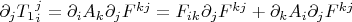 $\partial_j T_1{}_i^j=\partial_i A_k\partial_jF^{kj}=F_{ik}\partial_jF^{kj}+\partial_k A_i\partial_jF^{kj}$