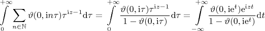 $$\int\limits_{0}^{+\infty}\sum\limits_{n\in\mathbb{N}}\vartheta(0,\mathrm{i}n\tau)\tau^{\mathrm{i}z-1}\mathrm{d}\tau = \int\limits_{0}^{+\infty}\frac{\vartheta(0,\mathrm{i}\tau)\tau^{\mathrm{i}z-1}}{1-\vartheta(0,\mathrm{i}\tau)}\mathrm{d}\tau = \int\limits_{-\infty}^{+\infty}\frac{\vartheta(0,\mathrm{i}\mathrm{e}^{t}) \mathrm{e}^{\mathrm{i}zt}}{1-\vartheta(0, \mathrm{i}\mathrm{e}^{t})}\mathrm{d}t$$