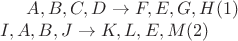 $
A, B, C, D \to F, E, G, H (1) \\
I, A, B, J \to K, L , E, M (2) \\
$ $
A, B, C, D \to F, E, G, H (1) \\
I, A, B, J \to K, L , E, M (2) \\
$