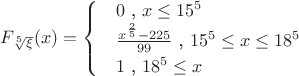 $F_{\sqrt[5]{\xi}}(x)=\begin{cases}
& 0 \text{ , } x\leq 15^5 \\ 
& \frac{x^\frac{2}{5}-225}{99} \text{ , } 15^5\leq x\leq 18^5\\ 
& 1 \text{ , } 18^5\leq x
\end{cases} $