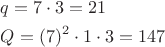 $\[\begin{gathered}
  q = 7 \cdot 3 = 21Кл \hfill \\
  Q = (7)^2  \cdot 1 \cdot 3 = 147Дж \hfill \\ 
\end{gathered} \]
$