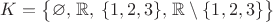 $K=\bigl\{\varnothing, \,\mathbb R,\, \{1,2,3\},\, \mathbb R\setminus\{1,2,3\}\bigr\}$