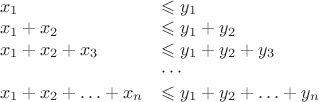 $\begin{array}{ll}
x_1 & \leqslant y_1 \\
x_1+x_2 & \leqslant y_1+y_2 \\
x_1+x_2+x_3 & \leqslant y_1+y_2+y_3 \\
& \cdots \\
x_1+x_2+\ldots+x_n & \leqslant y_1+y_2+\ldots+y_n
\end{array}$