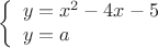$$  \left\{ 
   \begin{array}{l} 
      y = x^2-4x-5 \\ 
      y=a \\ 
  \end{array}$$