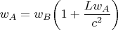 $$w_A=w_B\bigg(1+\frac{Lw_A}{c^2}\bigg)$$