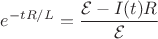 $e^{-tR/L}=\dfrac{\mathcal{E}-I(t)R}{\mathcal{E}}$ $e^{-tR/L}=\dfrac{\mathcal{E}-I(t)R}{\mathcal{E}}$
