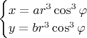 $\begin{cases}
x=ar^3\cos^3\varphi \\
y=br^3\cos^3\varphi \\
\end{cases}$