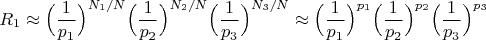 $$R_1\approx \Big(\frac{1}{p_1}\Big)^{N_1/N}\Big(\frac{1}{p_2}\Big)^{N_2/N}\Big(\frac{1}{p_3}\Big)^{N_3/N}\approx\Big(\frac{1}{p_1}\Big)^{p_1}\Big(\frac{1}{p_2}\Big)^{p_2}\Big(\frac{1}{p_3}\Big)^{p_3}$$