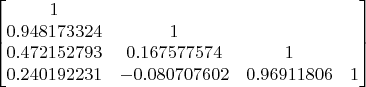 $$\begin{bmatrix}
1 &  &  &  \\
0.948173324 & 1 &  &  \\
0.472152793 & 0.167577574 & 1 &  \\
0.240192231 & -0.080707602 & 0.96911806 & 1 \\
\end{bmatrix}$$