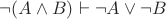 $\neg (A \wedge B) \vdash \neg A \vee \neg B$