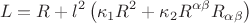 $$L = R + l^2 \left( {\kappa _1 R^2  + \kappa _2 R^{\alpha \beta } R_{\alpha \beta } } \right)$$