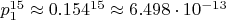 $p_1^{15} \approx 0.154^{15} \approx 6.498\cdot10^{-13}$