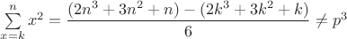 $\sum\limits_{x=k}^n{x^2}=\dfrac{(2n^3+3n^2+n)-(2k^3+3k^2+k)}{6}\neq p^3$