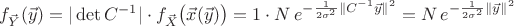 $f_{\vec Y}(\vec y)=|\det C^{-1}|\cdot f_{\vec X}\big(\vec x(\vec y)\big)=1\cdot N\,e^{-\frac1{2\sigma^2}\|C^{-1}\vec y\|^2}=N\,e^{-\frac1{2\sigma^2}\|\vec y\|^2}$