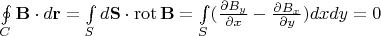 $\oint \limits_C \mathbf{B}\cdot d\mathbf{r} = \int \limits_S d\mathbf{S}\cdot \operatorname{rot} \mathbf{B} =\int \limits_S (\frac{\partial B_y}{\partial x}-\frac{\partial B_x}{\partial y})dxdy= 0$