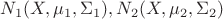 $N_1(X, \mu_1, \Sigma_1), N_2(X, \mu_2, \Sigma_2)$