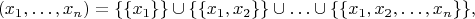 $$(x_1,\ldots,x_n)=\{\{x_1\}\}\cup\{\{x_1,x_2\}\}\cup\ldots\cup\{\{x_1,x_2,\ldots,x_n\}\},$$