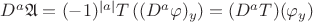 $D^a\mathfrak{A} = (-1)^{|a|}T\left ((D^a\varphi)_y  \right ) = (D^aT)(\varphi_y)$
