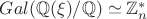 $Gal(\mathbb{Q}(\xi)/\mathbb{Q}) \simeq \mathbb{Z}^{*}_n$