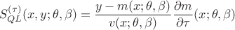 $$S^{(\tau )}_{QL}(x,y;\theta ,\beta )=\frac{y-m(x;\theta ,\beta )}{v(x;\theta ,\beta )}\frac{\partial m}{\partial \tau}(x;\theta ,\beta )$$