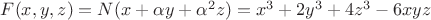 $F(x,y,z) = N(x+ \alpha y + \alpha ^2 z) = x^3+2y^3+4z^3 - 6xyz$