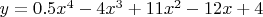 $y = 0.5x^4  - 4x^3 +11x^2 -12x +4$