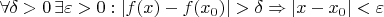 $\forall\delta>0\,\exists\varepsilon>0 : |f(x) - f(x_{0})|>\delta \Rightarrow |x - x_{0}|<\varepsilon$