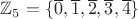 $\mathbb Z_5=\{\overline{0},\overline{1},\overline{2},\overline{3},\overline{4}\}$