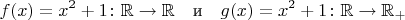 $$
f(x)=x^2+1 \colon \mathbb R \to \mathbb R \quad \text{и} \quad 
g(x)=x^2+1 \colon \mathbb R \to \mathbb R_+
$$