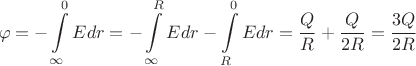 $$\varphi=-\int\limits_\infty^{0}Edr=-\int\limits_\infty^R Edr-\int\limits_R^{0}Edr=\frac{Q}{R}+\frac{Q}{2R}=\frac{3Q}{2R}$$