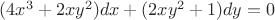 $(4x^3+2xy^2)dx+(2xy^2+1)dy=0$