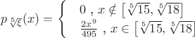 $p_{\sqrt[5]{\xi}}(x)=\begin{cases}
 & 0 \text{ , } x\notin \left [\sqrt[5]{15}, \sqrt[5]{18} \right ] \\ 
 & \frac{2x^9}{495} \text{ , } x\in \left [\sqrt[5]{15}, \sqrt[5]{18} \right ]
\end{cases} $