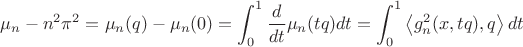 $$\mu_n - n^2 \pi^2 = \mu_n(q) - \mu_n (0) = \int_0^1 \frac{d}{dt} \mu_n(tq) dt = \int_0^1 \left\langle g_n^2(x,tq),q \right\rangle dt$$