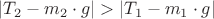 $|T_2 - m_2 \cdot g|>|T_1 - m_1 \cdot g|$