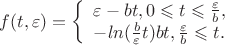 $
f(t, \varepsilon) = \left\{ \begin{array}{l}
\varepsilon - b t, 0 \leqslant t \leqslant \frac{\varepsilon}{b},\\
-ln(\frac{b}{\varepsilon}t) b t, \frac{\varepsilon}{b} \leqslant t.
\end{array} \right.
$ $
f(t, \varepsilon) = \left\{ \begin{array}{l}
\varepsilon - b t, 0 \leqslant t \leqslant \frac{\varepsilon}{b},\\
-ln(\frac{b}{\varepsilon}t) b t, \frac{\varepsilon}{b} \leqslant t.
\end{array} \right.
$