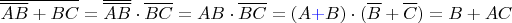 $\overline{\overline{AB}+{BC}} =\overline{\overline{AB}}\cdot \overline{BC}=AB\cdot\overline{BC}=(A{\color{blue}+}B)\cdot (\overline{B}+\overline{C})=B+AC$