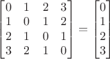 $\begin{bmatrix}
0 & 1 & 2 & 3 \\
1 & 0 & 1 & 2 \\
2 & 1 & 0 & 1 \\
3 & 2 & 1 & 0
\end{bmatrix} = \begin{bmatrix}
0 \\
1 \\
2 \\
3
\end{bmatrix}$ $\begin{bmatrix}
0 & 1 & 2 & 3 \\
1 & 0 & 1 & 2 \\
2 & 1 & 0 & 1 \\
3 & 2 & 1 & 0
\end{bmatrix} = \begin{bmatrix}
0 \\
1 \\
2 \\
3
\end{bmatrix}$