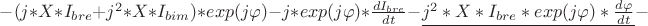 $-(j*X*I_{bre}+j^2*X*I_{bim})*exp(j\varphi)-j*exp(j\varphi)*\frac {dI_{bre}} {dt}-\underline{j^2*X*I_{bre}*exp(j\varphi)*\frac {d\varphi}{dt}}-$