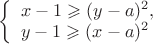 $
\left\{ \begin{array}{l}
x-1\geqslant (y-a)^2,\\
y-1\geqslant (x-a)^2
\end{array} \right.
$