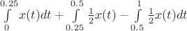 $\int\limits_{0}^{0.25} x(t) dt + \int\limits_{0.25}^{0.5} \frac{1}{2} x(t) - \int\limits_{0.5}^{1} \frac{1}{2} x(t) dt$